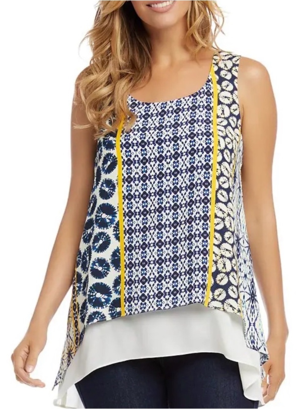 Karen Kane Navy, White & Yellow Printed Layered Tank